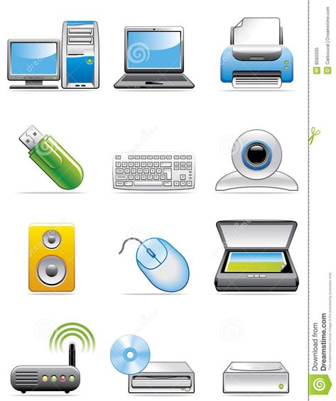 Computer devices icons stock vector. Illustration of scanner - 8560335 Computer Clipart, Dental Health Crafts, Illustration Computer, Computer Lab Lessons, Kindergarten Art Crafts, Computer Devices, Computer Drawing, Education Poster Design, Kids Worksheets Preschool