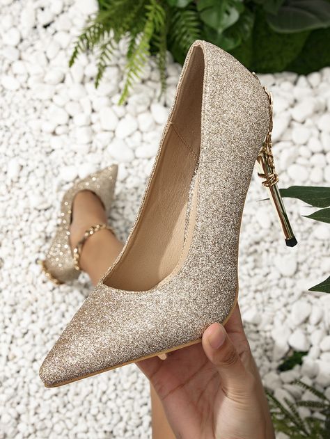 Gold Glamorous Collar   Plain Court Pumps Embellished   Women Shoes Gold Closed Toe Heels, White And Gold Heels, Prom Gold, Closed Toe Heels, Golden Girl, Prom Shoes, Gold Heels, Thick Heels, Green And Gold