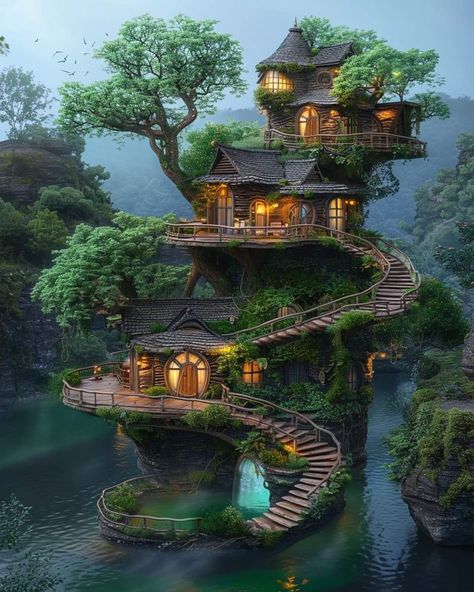 Spiral Staircase House, Tree Houses For Adults, Mythical House, Treehouse Aesthetic, Amazing Tree House, Fantasy Tree House, Remote House, Fairytale Homes, Fantasy Treehouse