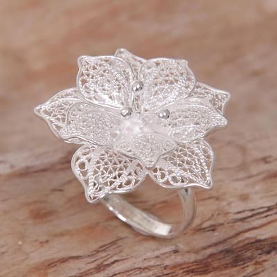 Sterling silver filigree cocktail ring, 'Sterling Tropics' - Hand Made Sterling Silver Hibiscus Flower Cocktail Ring Bali Candy Jewelry, Filigree Jewelry, Magical Jewelry, Hibiscus Flower, Sterling Silver Filigree, Silver Work, Fancy Jewelry, Lovely Ring, Silver Filigree