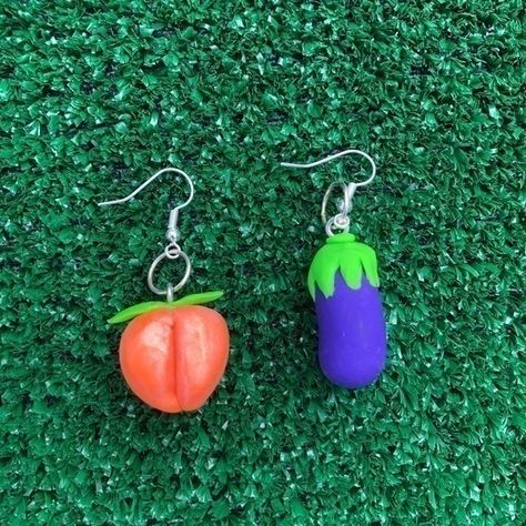 Handmade Clay Peach & Eggplant Earrings. New With Tags. Eggplant Earrings, Clay Peach, Clay Color, Earrings Purple, Handmade Clay, Orange And Purple, Eggplant, Color Orange, Jewelry Earrings