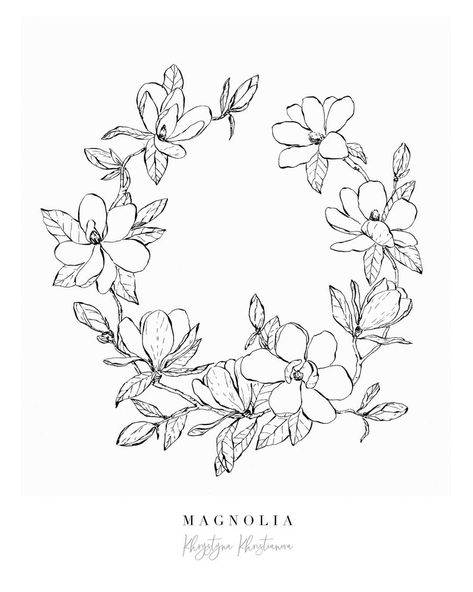 Botanical Flowers Print, Illustration Flower, Pen Illustration, Wreath Drawing, 4 Tattoo, Magnolia Wreath, Ink Illustration, Ink Drawing Illustration, 자수 디자인