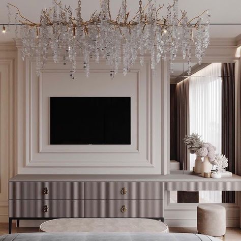 Modern Neoclassical Bedroom, Tv Area In Bedroom, Neo Classical Interiors Bedroom, Neo Classical Bedroom, Bedroom Tv Wall Ideas, Aesthetic Home Interior, Luxury Room Design, Bedroom Tv Wall, India Home Decor