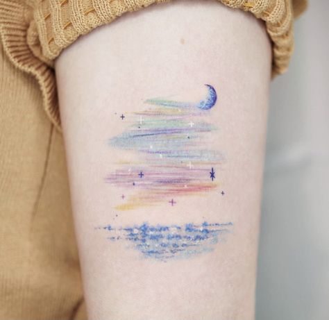 Tattoo Ideas Moon, Tattoo Sunset, Tattoo Sea, Sky Tattoo, Arm Tattoo Ideas, Sunset Tattoo, Sky Tattoos, Sea Tattoo, Colorful Sky