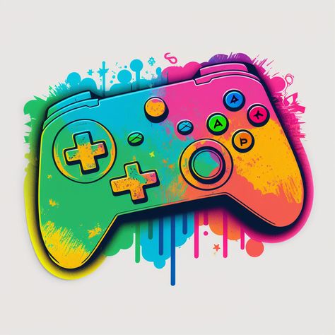 Nintendo Controller Art, Video Game Clipart, Video Game Controller Drawing, Video Game Painting, Video Game Drawing, Neon Typography Design, Gaming Prints, Game Controller Art, Video Game Drawings