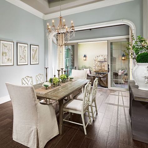 Silver Strand SW 7057 by Sherwin Williams Gray Blue Dining Room, French Country Dining Room, Dining Room Paint Colors, Rustic Apartment, Dining Room Paint, Dining Room Blue, Dining Room Remodel, Country Dining Rooms, Silver Strand