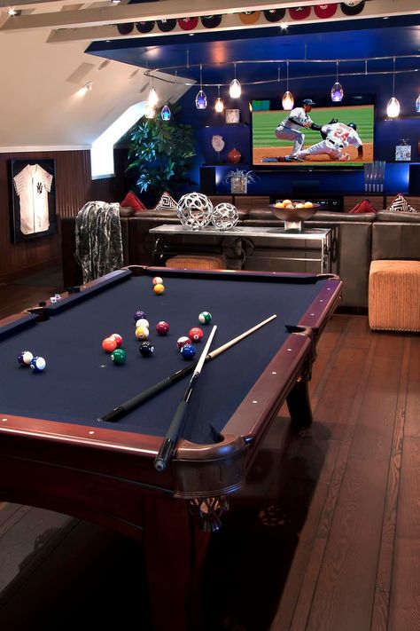 32+ Cool Basement Pool Table Ideas (Billiards & Games) Rooms Over Garage Ideas, Pool Table Ideas, Basement Pool Table, Attic Game Room, Zigarren Lounges, Cool Basement, Modern Pool Table, Garage Game Rooms, Gym Garage