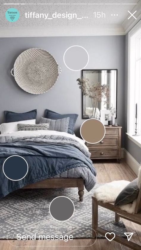 Blue Grey Paint Color Pallet, Blue Curtains Bedroom, Homemaking Ideas, Blue Gray Bedroom, Blue Gray Paint Colors, Grey Bedroom Decor, Blue Gray Paint, Exterior House Paint Color Combinations, Bedroom Updates