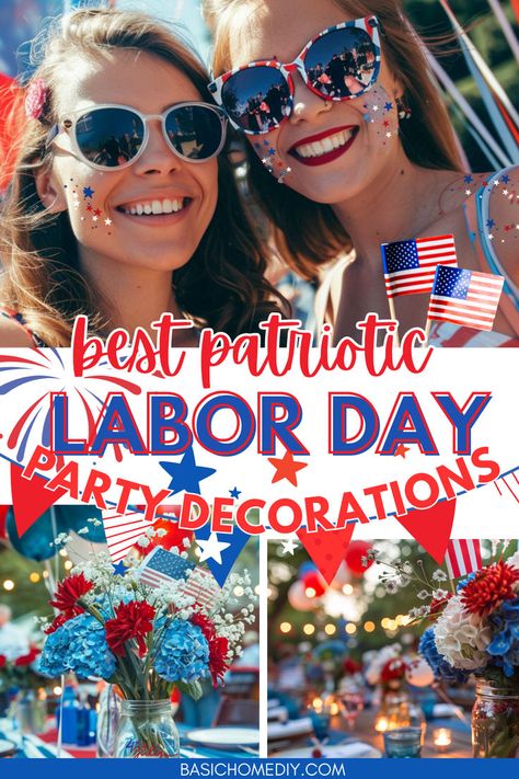 Discover the best Labor Day party decorations and supplies to make your patriotic holiday celebration unforgettable! Explore awesome party ideas featuring themes in red, white, and blue. Set up a photo booth and patriotic party decorations, including paper lanterns and festive party decor ideas. Add mason jars and create a flag centerpiece for party decorations for indoor and outdoor holiday parties. Follow these Labor Day holiday planning tips for a festive party vibe. Awesome Party Ideas, Centerpiece For Party, Patriotic Party Decorations, Labor Day Decorations, Summer Backyard Parties, Create A Flag, Labor Day Party, Patriotic Decorations Party, Day Party Decorations