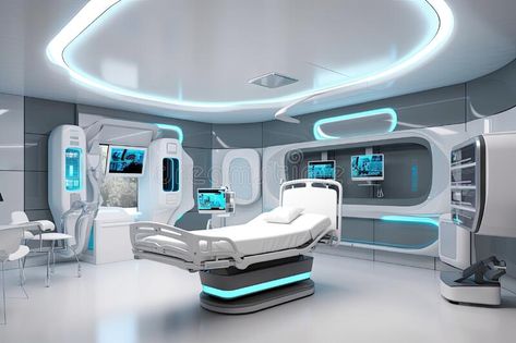 High-tech hospital room with futuristic furnishings and advanced medical equipment royalty free stock images Futuristic Medical Room, Futuristic Hospital Design, Research Room Design, High Tech Hospital, Future Room Technology, Futuristic Control Panel, Futuristic Hospital Room, Futuristic Medical Technology, Hospital Equipment Medical