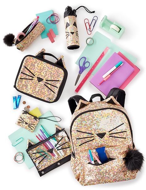 Sparkle MEOW. Shine all year long! Justice School Supplies, Justice Backpacks, Girl School Supplies, Justice Accessories, School Suplies, Unicorn Fashion, Diy School Supplies, Cute Matching, School Accessories