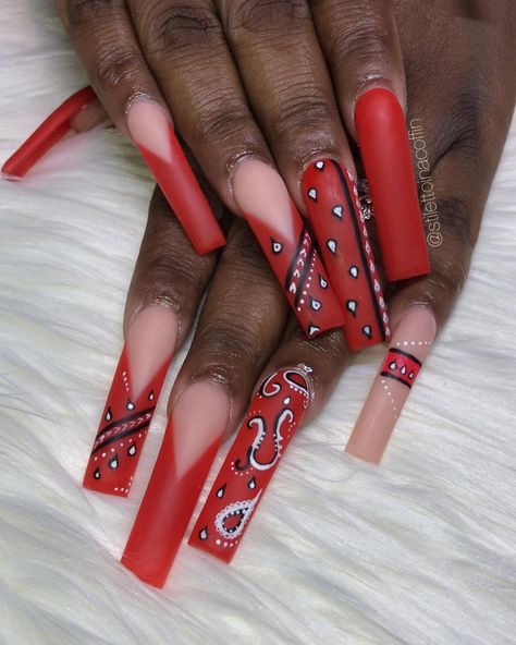 Short Bandana Nails, Brown Bandana Nails, Red Bandana Nails, Bandana Nail Designs, Blue Bandana Nails Design, Red Bandana Nails Design, Bandana Nails, Gray Nails, Red Bandana