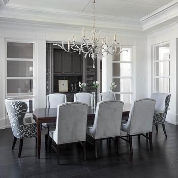 Dove Gray Velvet Dining Chairs with Curved Dining Table White And Gray Dining Room, Modern Farmhouse Dining Room Table, Dining Room Table Ideas, Velvet Dining Room, Room Table Ideas, Dining Room Drapes, Velvet Dining Room Chairs, Modern Farmhouse Dining Room, Farmhouse Dining Room Table