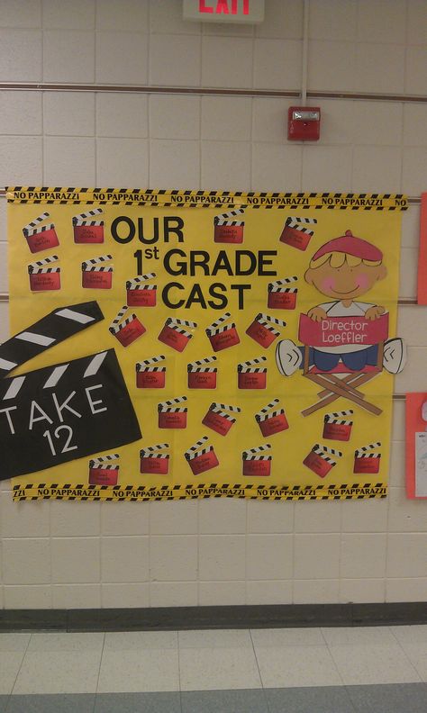 Movie theme-Bulletin Board outside classroom Movie Bulletin Board Ideas, Outside Classroom, Movie Classroom, Hollywood Classroom, Hollywood Theme Classroom, Popcorn Theme, Theatre Classroom, Bulletin Boards Theme, Stars Classroom