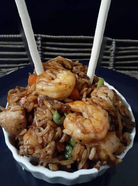 Chinese Food & Asian Cooking | Made this Steak and Shrimp for dinner | Facebook Combination Fried Rice, Fried Rice Chicken, Frozen Peas And Carrots, Homemade Fried Rice, Rubber Spatula, Asian Stir Fry, Peas And Carrots, Fry Chicken, Grandma Cooking