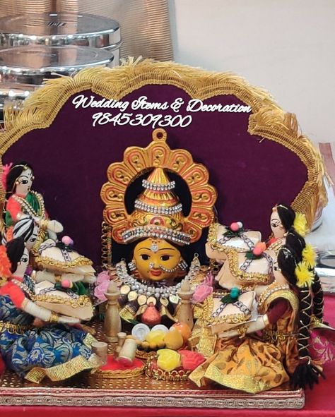 Gowri Pooje Set .....9845309300 Gowri Pooja Decoration, Radha Krishna Idols At Home, Wedding Platters, Acrylic Rangoli, Dry Coconut, Radha Krishna Brass Statue, Floating Flowers, Coconut Shell, Doll Sets