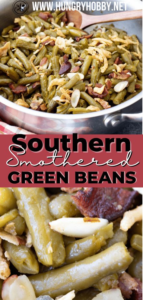 My Grandma's recipe for the BEST Southern Smothered Green Beans that are more delicious than you can even imagine! #sponsored #ad Southern Green Beans With Bacon, Soul Food Green Beans, Slow Cooked Green Beans, Green Beans And Bacon, Beans And Bacon, Southern Soul Food, Southern Style Green Beans, Smothered Green Beans, Seasoned Green Beans