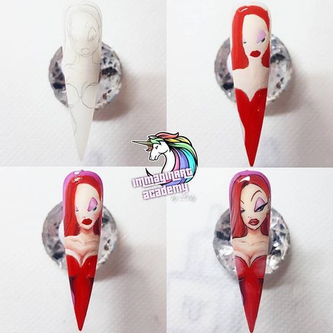 Jessica Rabbit Nails Art, Jessica Rabbit Acrylic Nails, Cinzia Nails, Cartoon Nails Disney, Jessica Rabbit Nails, Bratz Nails Design, Character Nail Art Step By Step, Jessica Rabbit Roger Rabbit, Rabbit Nail Art