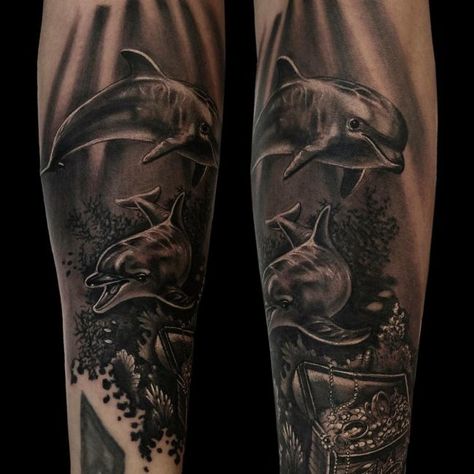 Ocean Sleeve, Dolphin Tattoo, Dolphins Tattoo, Sea Tattoo, Whale Tattoos, Full Back Tattoos, Mermaid Tattoo, Full Sleeve Tattoo, Side Tattoos