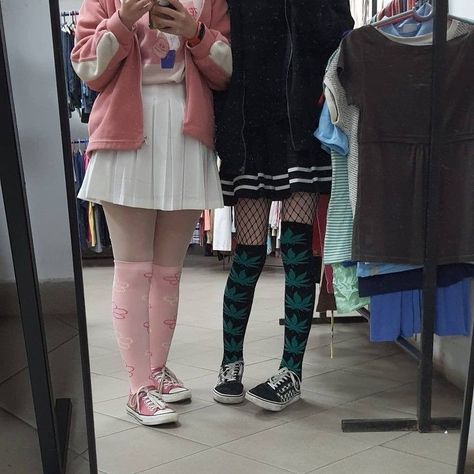 Goth And Soft Girlfriends, Opposite Aesthetic Couple, Opposites Attract Aesthetic, Goth Gf, Ruffled Socks, Girl Couple, Opposites Attract, Alt Fashion, Couple Aesthetic