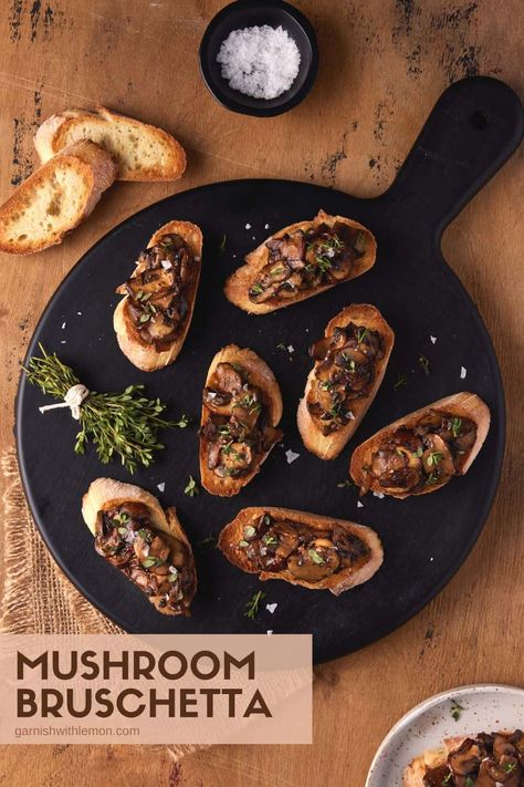 This Mushroom Bruschetta recipe is packed with flavor from meaty mushrooms, tangy balsamic vinegar, savory shallots and fragrant fresh thyme for a vegetarian appetizer that even meat eaters love. Perfect finger food for a crowd that can be ready in just 30 minutes. Finger Food For A Crowd, Mushroom Bruschetta Recipe, Meaty Mushrooms, Mushroom Bruschetta, Vegetarian Appetizer, Toasted Crostini, Mushroom Appetizers, Bruschetta Toppings, Make Ahead Appetizers