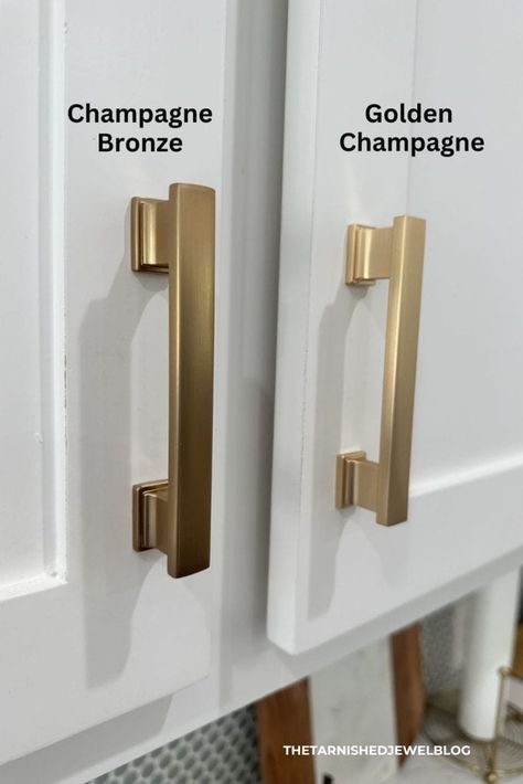 Need help choosing gold hardware, but don't know where to start? Try 6 Tips: Adding Gold Hardware To Kitchen Cabinets by thetarnishedjewelblog.com. #goldhardware #goldhardware #hardwaregold #HardwareMakeover #hardwaremakeover #goldknobs #goldhandles #goldpulls #CHAMPAGNEBRONZE #brasshardware #champagnebronze #champagnebronzehardware #bronzehardware #brushedbrasshardware Champagne Bronze Kitchen Cabinet Hardware, Kitchen With Gold Accents Hardware, Brass Vs Gold Hardware, Champagne Bronze Vs Brushed Gold, Champagne Gold Kitchen Hardware, Champagne Bronze Kitchen, Gold Kitchen Hardware, Delta Champagne Bronze, Black Round Dining Table