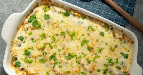 King Ranch Chicken with Mexican-Style Jicama Salad Recipe - Magnolia Chicken Poblano Soup, Magnolia Table Recipes, Jicama Salad, Creamy Enchilada, Joanna Gaines Recipes, King Ranch Chicken Casserole, King Ranch Chicken, Quick Bites, Cheesy Casserole