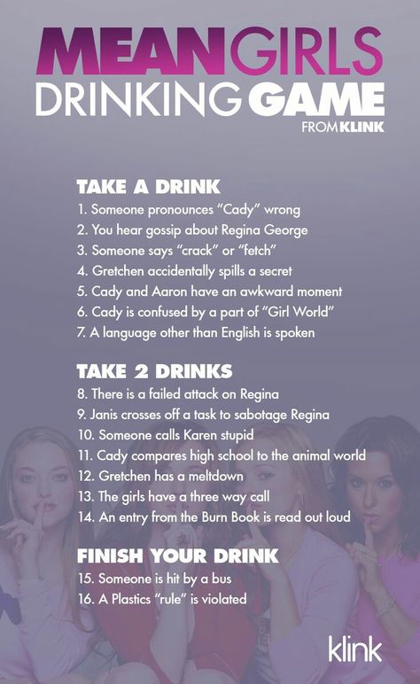 Msan Girls Drinking Game Mean Girls Drinking Game, Pajama Party Games, Movie Drinking Games, Aaron Samuels, Drunk Games, Mean Girls Party, Drinking Games For Parties, Fun Drinking Games, Slumber Party Games