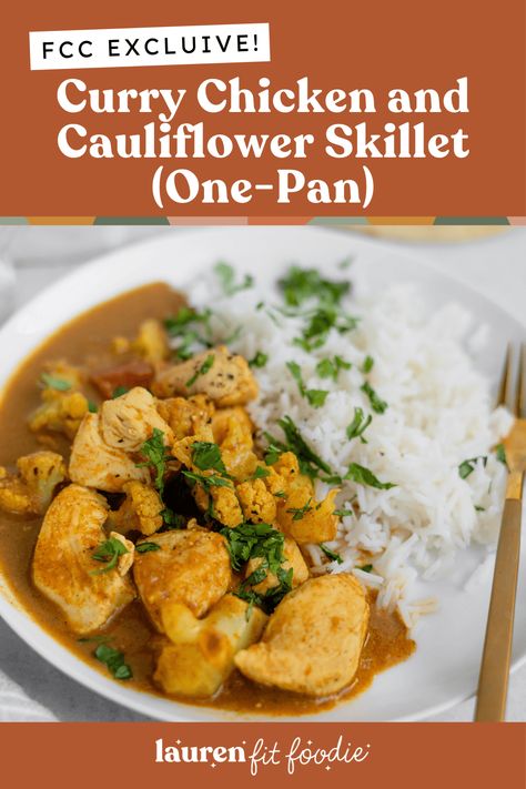 This Curry Chicken and Cauliflower Skillet is the best one-pan meal ready in just 35 minutes. It has the most delicious creamy curry sauce and is packed with protein and fiber! This recipe will make you forget about getting takeout and will have you wanting to enjoy this healthier recipe at home any night of the week! Cauliflower Skillet, Creamy Curry Sauce, Chicken And Cauliflower, Healthy Weekly Meal Plan, Creamy Curry, Macro Friendly Recipes, Curry Sauce, Chicken Cutlets, One Pan Meals