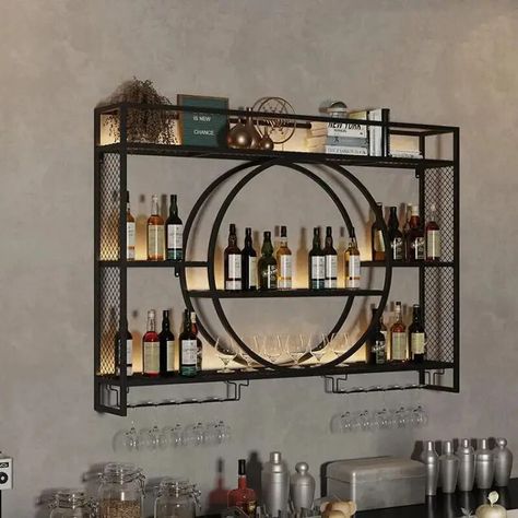 Modern Bar Shelves, Shelves For Liquor Bottles, Wine Cabinet Decor, Corner Wine Cabinet, Wall Bar Shelf, Wall Mounted Kitchen Storage, Wall Shelf Rack, Liquor Shelf, Wine Rack Bar