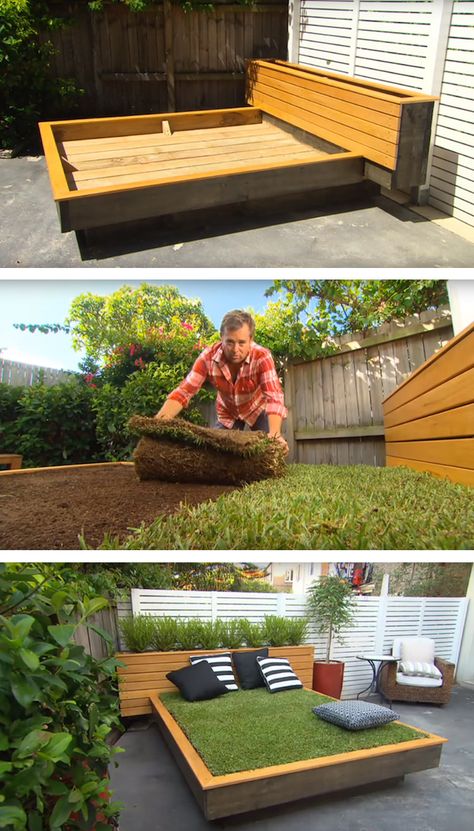 A DIY grass bed offers a cozy green oasis in your own backyard | Garden DIY | creative summer yard projects Grass Bed, Backyard Garden Beds, Backyard Garden Diy, Green Oasis, Corner Garden, Outdoor Lighting Landscape, Yard Project, Modern Backyard, Garden Oasis