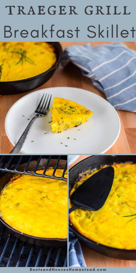 Reimagine breakfast with this delicious Traeger grilled frittata. This is a perfect summer time egg recipe with smoked flavor, sausage, potatoes, and a whole lot of creamy melted cheese. #traeger #breakfast #recipe Traeger Breakfast, Smoked Eggs, Traeger Cooking, Grill Breakfast, Breakfast Skillet Recipes, Sausage And Potatoes, Traeger Grill Recipes, Breakfast Skillet, Farm Fresh Recipes