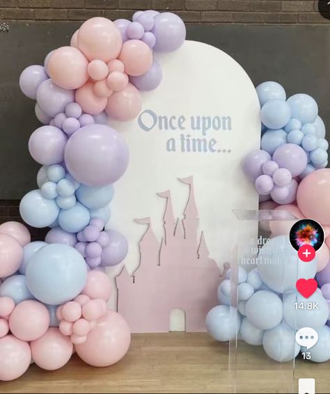 Cinderella Birthday Backdrop, 2nd Birthday Party Princess Theme, Disney Backdrop Photo Booths, Disney Once Upon A Time Birthday Party, Disney Princess Pastel Colors Party, Disney Castle Theme Party, Disney Themed Backdrop, Disney Princess Birthday Party Balloons, Once Upon A Time Balloon Garland