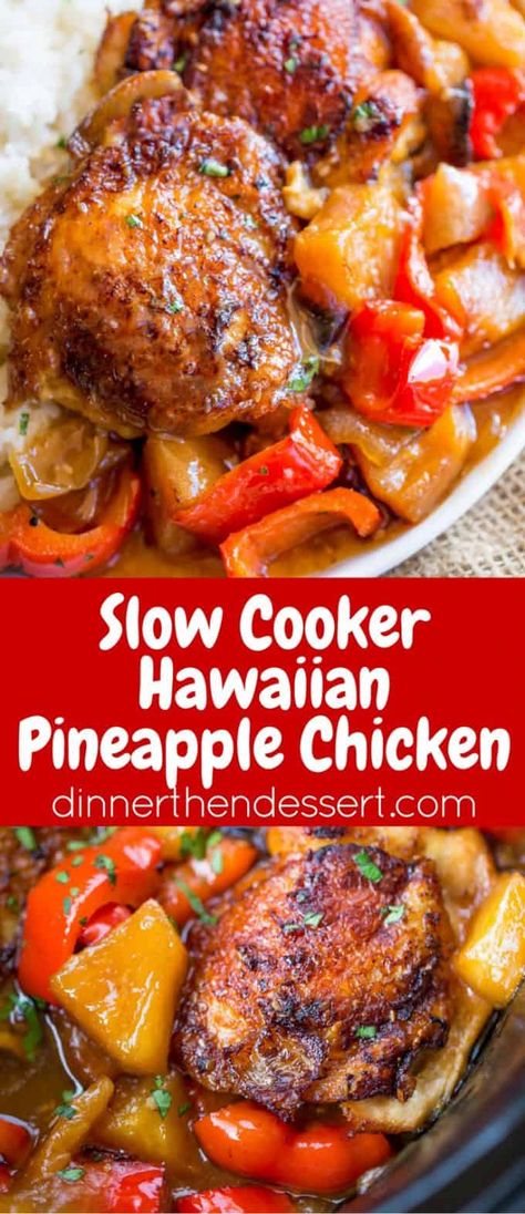 Slow Cooker Hawaiian Pineapple Chicken with crispy chicken thighs, fresh pineapple chunks, onions and bell pepper takes 15 minutes of prep and makes the perfect meal to come home to after a long workday! #slowcooker #crockpot #slowcookerchicken #hawaiianchicken #crockpotchicken #dinnerthendessert Hawaiian Pineapple Chicken, Crispy Chicken Thighs, Pot Recipes Healthy, Pineapple Chunks, Pot Recipes Easy, Pineapple Chicken, Fresh Pineapple, Chicken Thigh Recipes Crockpot, Crockpot Recipes Beef