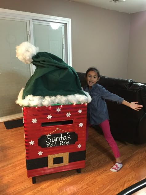 Santa's Mail Box made of cardboard Christmas Post Box Diy, Christmas Toy Drive Box Ideas, Santa Mail Box Diy, Christmas Mail Box Diy, Christmas Postbox Diy, Santa Letter Box Diy, Christmas Donation Box Ideas, Santas Mail Box Diy, Santa’s Mailbox Diy