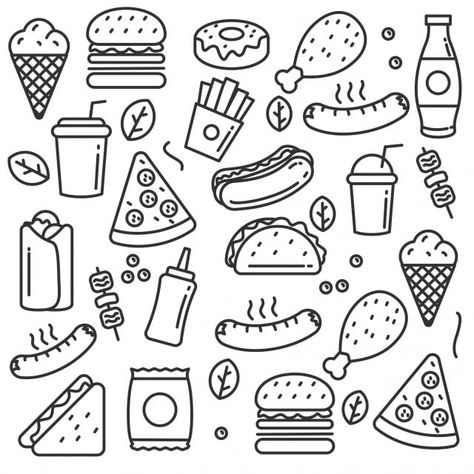 Food Doodle, Burger Vector, Tapeta Hello Kitty, Tato Suku, Pizza Vector, Chicken Vector, Donut Vector, Zestaw Ikon, Food Vector