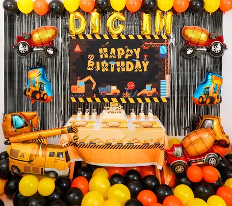 PRICES MAY VARY. PACKAGE: 1 set golden "DIG IN" foil balloon; 1 pcs large construction party table cloth; 8 pcs construction foil balloons; 60 pcs latex balloons; 1 pcs construction party backdrop; 3 pcs party black curtains; 16 pcs paper plates (7 inches); 16 pcs napkins; 16 pcs knives; 16 pcs forks, 16 pcs spoons, serves 16, total 158 pack, all party supplies for construction party you need are all in the box. DIMENSIONS AND HIGH QUALITY: Napkins are 2-ply and measure 13 x 13 inches when unfol Truck Party Decorations, Construction Birthday Decorations, Backdrop Balloons, Dump Truck Party, Dump Truck Birthday Party, Construction Theme Birthday Party, Dump Truck Birthday, Construction Birthday Party, Boys First Birthday Party Ideas