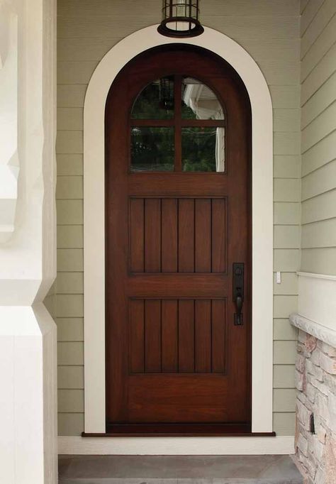 Front Door With Glass, Arched Front Door, Wood Front Door, Tudor Style Homes, Wood Front Doors, Arched Doors, Tudor House, Dream Cottage, Round Door