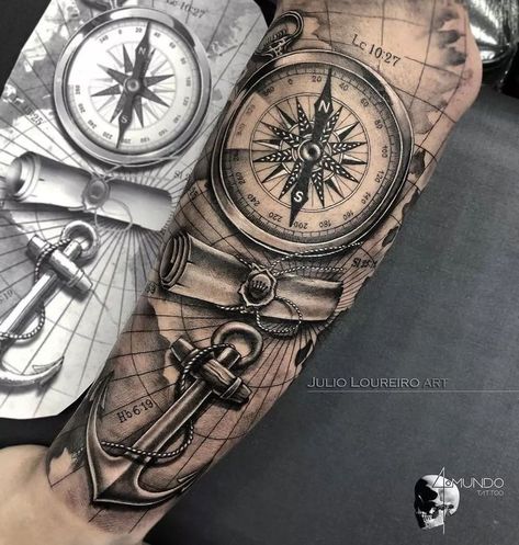 Compass Tattoo Arm, Tato Jam, Best Arm Tattoos, Tato Nama, Compass And Map Tattoo, Tattoo Arm Sleeve, Nautical Tattoo Sleeve, Tato Tradisional, 42 Tattoo