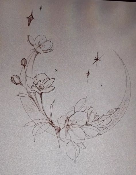 Lunar Flower Tattoo, Moon And Daffodil Tattoo, Moon Star Flower Tattoo, Moon Orchid Tattoo, Water Lily Moon Tattoo, Moonflower Tattoo Small, Fine Line Floral Moon Tattoo, Botanical Moon Tattoo, Moon Tattoo Upper Arm