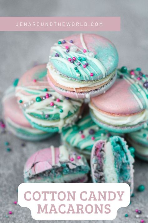 We love making french macarons to share with you! Our latest flavor, Cotton Candy Macarons, are so pretty and just as delicious as they look! Blue and pink swirled together for the cookie portion and filled with an amazing cotton candy buttercream frosting. Cotton Candy Macarons Recipe, Cotton Candy Buttercream Frosting, Cotton Candy Buttercream, Cotton Candy Macarons, Cotton Candy Frosting Recipe, Blue Macarons Recipe, Cotton Candy Flavors, Easter Macarons, Macaron Shop