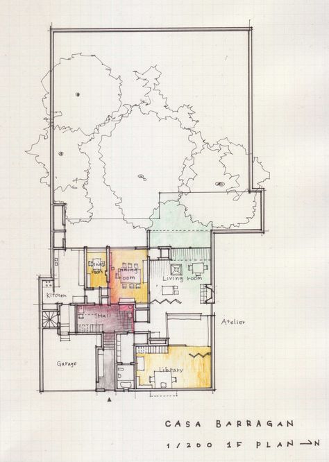 a floor plan a day keeps the doctor away (Luis Barragan, Casa Barragan, 1948, Taubaya,...) Colored Floor Plan Architecture, Luis Barragan Interior, Bauhaus Floor Plan, Barragan House, Louis Barragan, Luis Barragan House, Barcelona Urban Planning, Nice Architecture, Luis Barragan Architecture