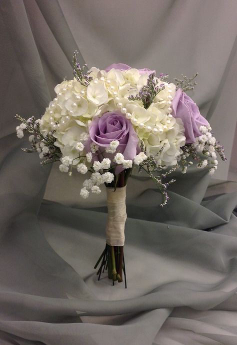 White And Lavender Centerpiece Wedding, Lavender And Pearl Wedding, White Bouquet With Purple Accents, Lavender Quince Bouquet, Wedding Dresses With Purple Accents, White And Purple Bouquet, Cherry Blossom Bouquet, Lavender Centerpieces, Pearl Bridal Shower