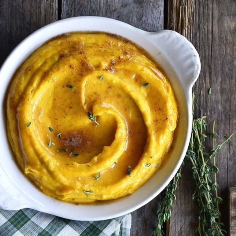 Butternut Squash Puree with Fontina, Fresh Thyme, Brown Butter Butternut Puree, Butternut Squash Puree, Squash Puree, Fontina Cheese, Sugar Free Diet, Holiday Meal, Fall Dinner, Thanksgiving Side Dishes, Fresh Thyme