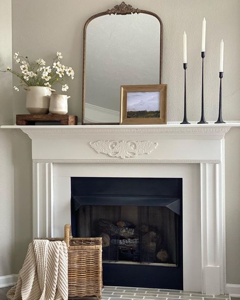 Short Mantel Decor, Fireplace Mantle Decor Bedroom, Timeless Mantle Decor, White Fireplace Mantle Ideas, Chimney Mantle Decor, Styling A Mantle With A Mirror, Tv Above Mantel Decorating Ideas, Mantle Photo Display, Modern Traditional Fireplace Ideas