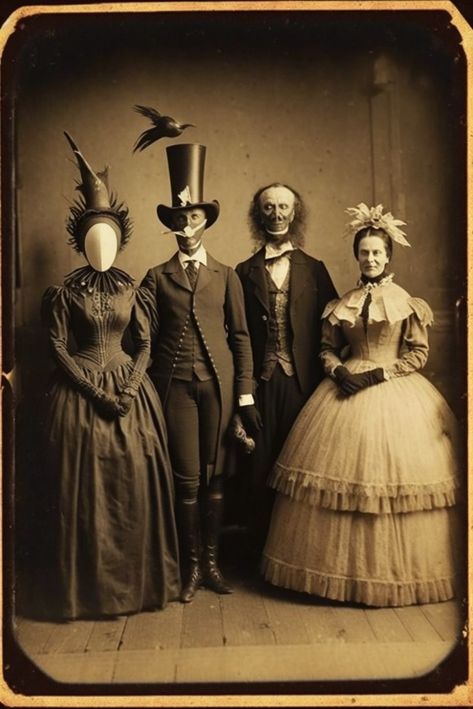 Step back in time with our eerie collection of ambrotype photos featuring people in Halloween costumes from the 1880s. These vintage-style portraits showcase the macabre and creepy side of Halloween, with their haunting imagery and distinctive monochromatic tones. Creepy Family Portraits, Old Halloween Costumes Vintage Photos, Halloween Vintage Costume, 1800s Halloween, Edwardian Halloween, Haunted Portraits, Victorian Halloween Costume, Creepy Portraits, Victorian Costume Halloween