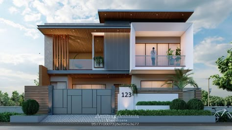 20+ Unique Modern Elevation Design Ideas For Your Home - Aastitva Home Designs Outside, Front Elevations Of Homes, Latest Bunglow Elevation, G Plus 1 Elevation Design Modern, Two Balcony Elevation, Elevation Designs For House Modern, 2bhk Elevation Design, Residence Elevation Modern G+1, Bunglow Elevation Modern G+1