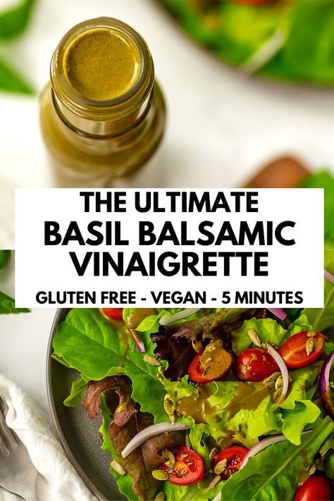 Basil balsamic vinaigrette is healthy, flavorful and easy to make. With just six ingredients and five minutes of prep time, it's great for salads, marinades, sandwiches, and wraps. Plus, it's vegan, gluten free, dairy free, Whole30, paleo, and low-carb, making it a versatile choice for any diet. The fresh, bright taste of basil and balsamic vinegar make it a delicious addition to any dish. Vinegar Dressing Recipe, Balsamic Vinaigrette Dressing Recipe, Thanksgiving Sidedish, Balsamic Vinegar Dressing, White Balsamic Vinaigrette, Vinaigrette Dressing Recipe, Balsamic Vinaigrette Recipe, Homemade Balsamic Vinaigrette, Balsamic Vinaigrette Dressing