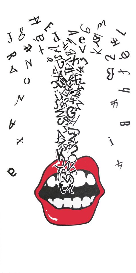 This typography is good, I like how all the letters are spilling out of the mouth. It has a Rolling Stones feel to it, because of the mouth, and in particular, the lips. The letters are a nice shape and this image would be good to represent a music festival if you has song lyrics coming out of the mouth from a specific genre of music. Mother Tongue Day Poster, Language Day Poster, Debate Poster, Organised House, Type Effects, Homemade Mouthwash, Pride Logo, Word Drawings, Mother Tongue