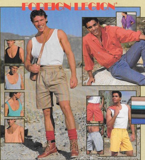 INTERNATIONAL MALE Summer 1987 Beach Fashion Men, 1980s Beach, Oc Clothes, Mens Cargo Shorts, Mens 80s, 80s Shorts, 90s Men, 80s And 90s Fashion, 90s Mens